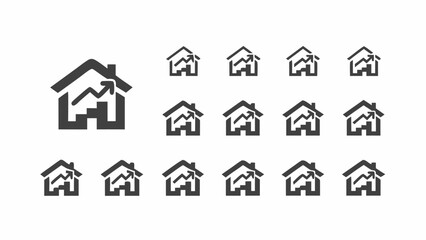 Multiple house icons with an upward trending graph inside, arranged in a grid pattern on white background