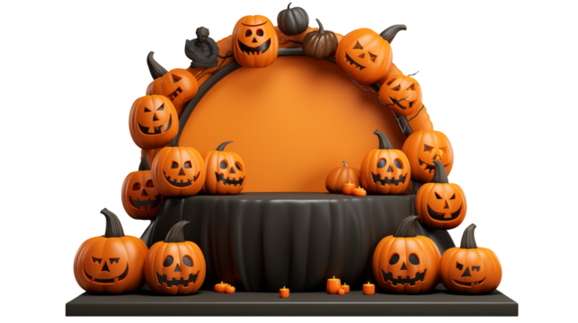 Spooky jack-o'-lantern display creates a festive Halloween scene with glowing candles and an orange backdrop, perfect for seasonal celebrations