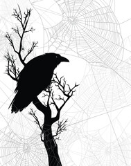 mysterious raven bird sitting on bare tree branch among spider web - halloween theme black and white vector copy space background design