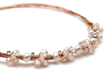 Obraz premium Delicate gold wire circlet adorned with clusters of off-white pearls and clear crystals, isolated on white
