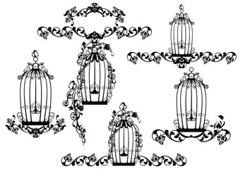 page design decorative elements with open bird cage and rose flowers - black and white vector outline graphic set for antique style garden concept