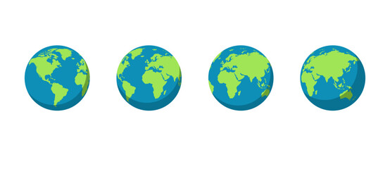 Earth globe icons. Earth hemispheres with continents. Vector world map set