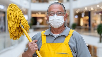 Senior janitor smiles while cleaning in a shopping mall during the day