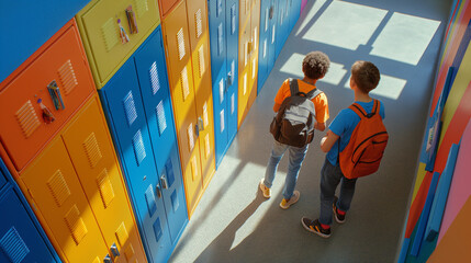 Two students with backpacks in school hallway near colorful lockers for education and friendship concept