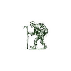 Fototapeta premium engraving style illustration of a zombie backpacker carrying a worn backpack. Dark and eerie linework captures a creepy, adventurous, and undead atmosphere