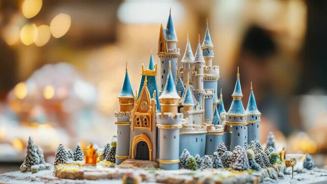 Miniature castle with snow-covered landscape and detailed architecture