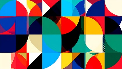 Colorful geometric shapes create a dynamic pattern.