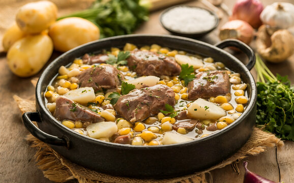 National dishes of Bolivia - Fricassee - traditional, with the addition of hominy (a product made from dried corn), chu&ntilde;o (freeze-dried potatoes), onion, garlic, salt, pepper and spices.