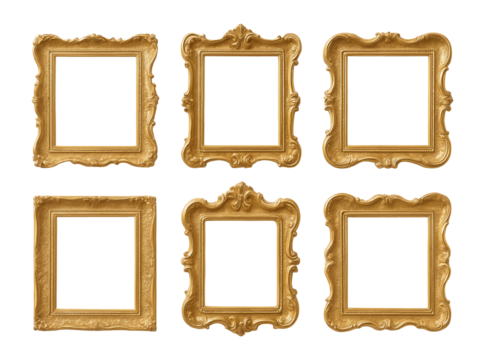 Six ornate golden picture frames with intricate details in two rows on a black backdrop.