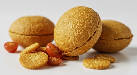 A still life of three filled cookies with tomato slices and crackers