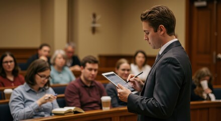 Man in suit speaking while holding a tablet in court or lecture hall. Modern presentation and education concept.