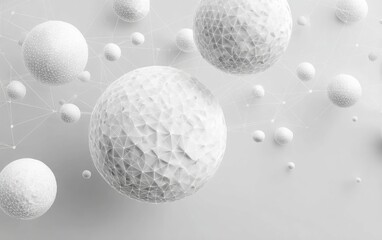 Abstract grayscale image featuring textured white spheres of varying sizes, interconnected by thin, faint lines against a light gray backdrop