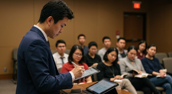 Asian man writing on digital tablet during Christian lecture in modern church at religious conference. Studying sermon ideas and spiritual concepts. - Powered by Adobe