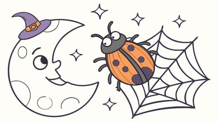 Spooky Fun themed SVG: Excited  beetle with sitting on a moon in a Halloween environment