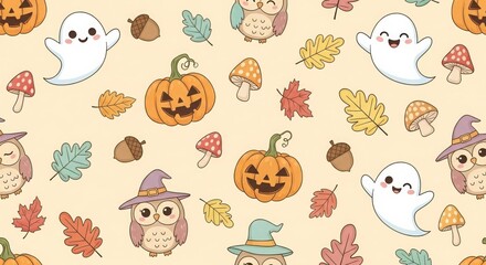 Fototapeta premium Cute halloween seamless pattern with pumpkin and ghost on yellow background