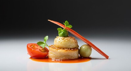 Close up of a gourmet dish with tomato and garnish on white plate