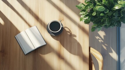 Overhead view of a light wood desk bathed in sunlight, featuring an open book, a cup of coffee, and a small potted plant.  The scene evokes calm and tranquility