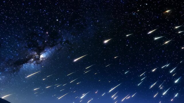 stunning meteor shower illuminates night sky with countless streaks of light. Shooting stars blaze across deep blue cosmic background, magical scene. cosmic background of universe with meteors