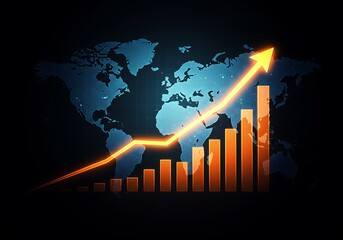 Business growth chart with upward arrow over world map