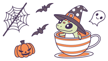 Delightful Funny  lizard in a Halloween scene with in a teacup – Spooky Fun vector illustration