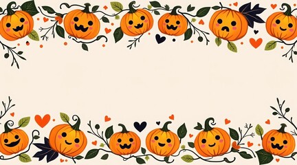 Fototapeta premium Halloween background with cute pumpkins, leaves and hearts with copy space