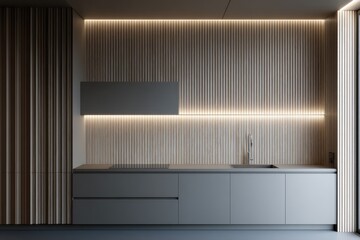 Modern kitchen with light-toned wood paneling and gray cabinetry