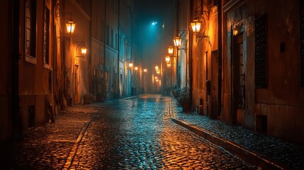 A serene, illuminated cobblestone street at night, showcasing a blend of warm and cool tones.