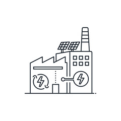 Line art icon of a sustainable factory with solar panels and energy recycling symbols. Vector Illustrations. EPS Editable
