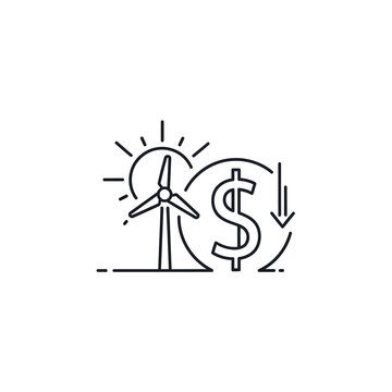 Line art icon showing cost reduction with renewable energy featuring a wind turbine sun and a dollar sign with a downward arrow. Vector Illustrations. EPS Editable