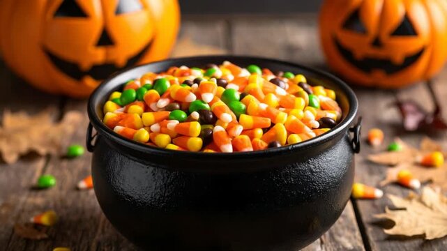 Halloween candy in cauldron