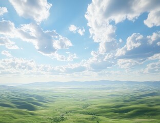 Fototapeta premium Serene landscape of rolling green hills under a bright blue sky