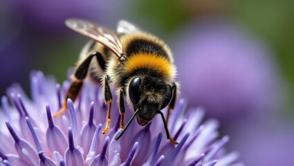 Close up of a bumblebee collecting nectar from a purple flower