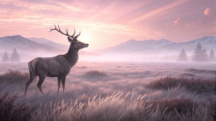 Fototapeta premium Deer in Misty Meadow at Sunrise with Pink Sky and Mountains