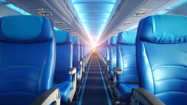 Airplane Interior: Empty seats line a bright aisle, offering a serene travel experience. Ideal for aviation enthusiasts and travel planners.