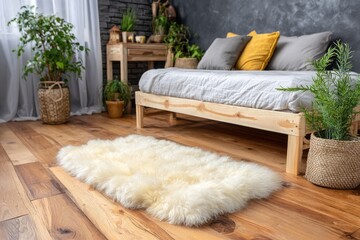 Cream rug on wooden floor, cozy bedroom