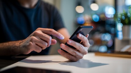 Close up of a person s hands using a smartphone with a blurred background of bokeh lights and a plant
