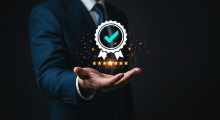 Presenting excellence: A businessman offers guaranteed quality with a checkmark badge and five-star ratings.