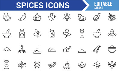 Naklejka premium Spice Icons Set Featuring Garlic, Herbs, Chili, and Seasoning Jars
