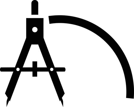 A black graphic icon of a drawing compass in the process of creating a curved arc.
