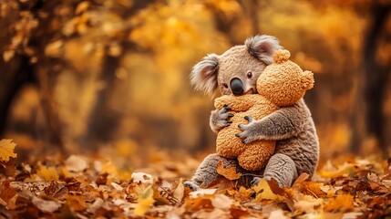 Koala hugging teddy bear in autumn leaves
