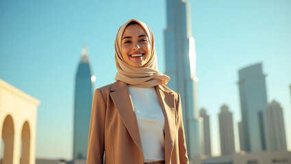 Confident Muslim Professional Woman Smiling Brightly in a Sunny Dubai Cityscape.
