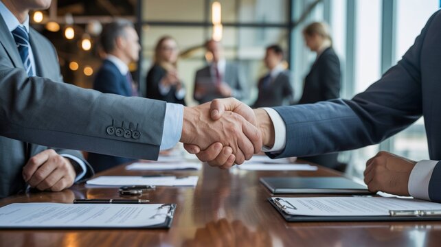 🤝🤝Deal Confirmation: A professional handshake seals a business agreement in a modern office environment, the image suggesting partnership, collaboration, and mutual success.