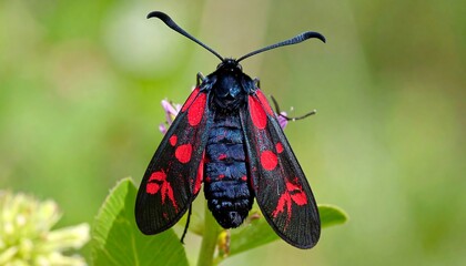 Black moth with red spots on a plant