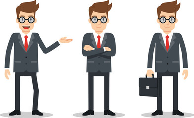 Cartoon business people, professional poses, corporate attire, dark suits, red ties, briefcase, teamwork, leadership, office concept, vector illustration