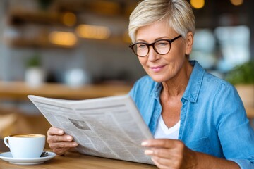 Senior woman reading newspaper and drinking coffee in cafe