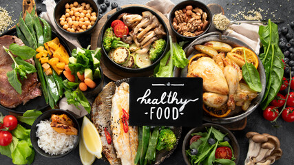 Table scene of various delicious foods. Healthy, family dinner.