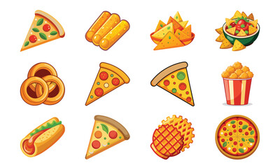 Colorful Cartoon Fast Food Icons Set Featuring Pizza Slices, Fries, Nachos, Tacos, Snacks, and Popcorn for Menu, Restaurant, and Food Delivery Design