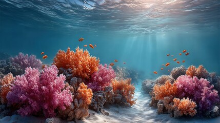 Vibrant Coral Reef Underwater Scene with Colorful Fish Swimming in Crystal Clear Water
