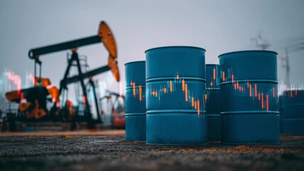Oil Industry Downturn: Image shows oil barrels with stock market data overlay and oil derricks in background implying price drops and declining industry. - Powered by Adobe