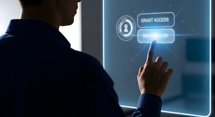 Person selecting access option on a digital interface, emphasizing data security and privacy
